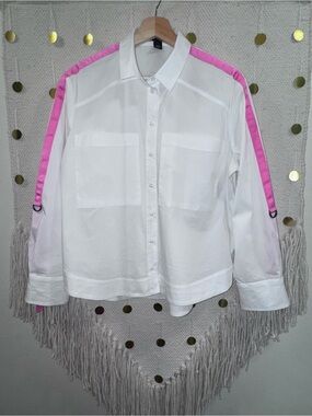 Halogen Boxy White Button-Up Shirt with Pink Ribbon Trim